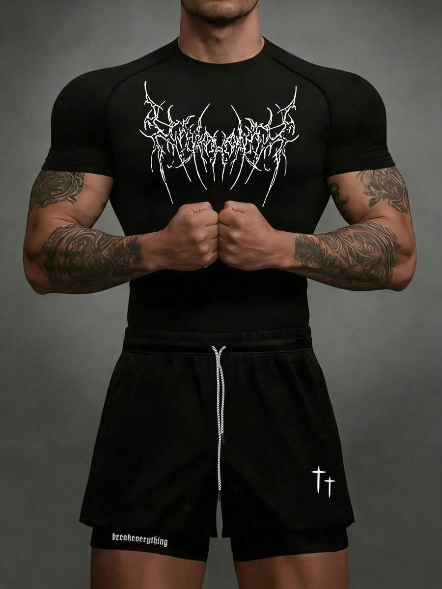 GymBeat Stylish Men's Half Sleeve Round Neck Black Sports Set Featuring Halloween Pattern And Convenient Pockets - Black - View 1