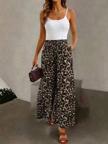 Breezaya 女士夏季新款豹纹弹力腰带系结阔腿裤 - 棕色 - 查看 3