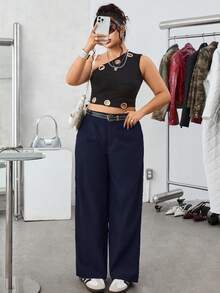 SHEIN EZwear 大码纯色斜插口袋休闲基础款藏蓝色西装裤，秋冬高腰裤藏蓝色女裤 - 藏蓝色 - 查看 5