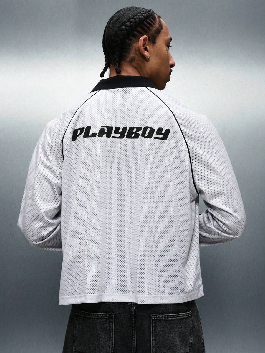 PLAYBOY X SUMWON Men's Retro Style Polo Sports Jersey Long Sleeve Mesh V-Neck Top With Contrast Black Collar And Side Trims - Grey - View 1