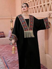 Al Najma 纯色拼接花卉印花金色流苏黑色长款开衫 - 彩色 - 查看 3