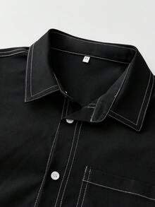 SWAVVY Men's Fashion Short Sleeve Pocket Commuter Shirt, Spring/Summer Men Boxy Shirt Men Street Wear Shirt Men Cropped Button Up Shirt - Black - View 2