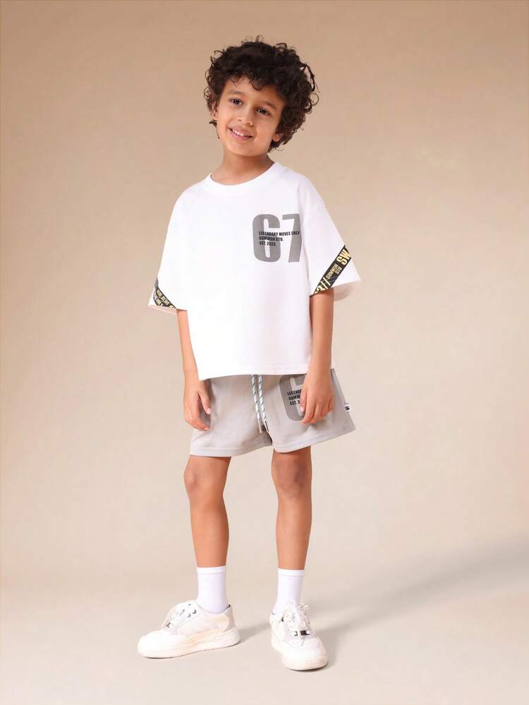 Graphic Tee And Shorts Set With Text