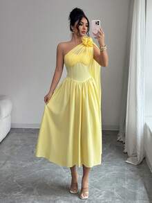 Rafferiza Mẫu đầm midi dáng suông, thanh lịch kiểu Pháp đơn giản, vai lệch, họa tiết hoa, eo thắt, chất liệu trang trí, dành cho nữ, thích hợp cho mùa xuân/hè. - Màu vàng - Xem 5