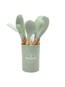 12Pcs/Set Wood Handle Non-Stick Silicone Kitchen Cooking Utensil Set, Heat Resistant Silicone Cookware With Storage Bucket - Multicolor - View 16