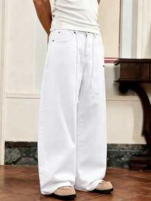 ESTAVOR Men's Drawstring Waist Pockets Button Animal Embroidery Pattern Casual Commuter Wide Leg Jeans - White - View 1