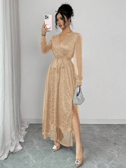 Rafferiza Sequin Embellished Long Sleeve Party Dress Gold Elegant Dress Women Gold Maxi Dress Sparkle Maxi Dress Long Sleeve Elegant Dress Elegant Dress