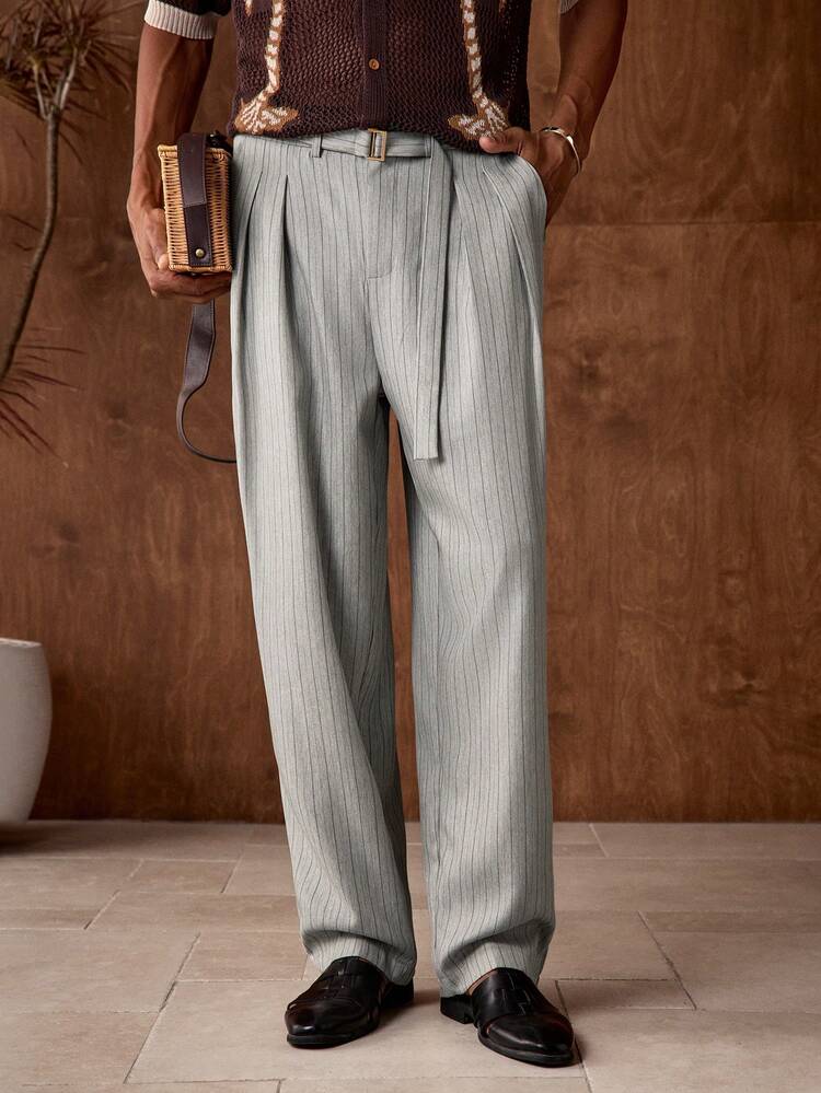 Pantaloni casual larghi e diritti intrecciati da uomo, pantaloni eleganti con vita alta alla moda per uomo, pantaloni a gamba larga da uomo, pantaloni da abito con pieghe da uomo, pantaloni grigi, pantaloni a righe verticali