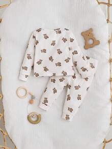 SHEIN 新生女宝宝休闲可爱卡通图案针织长袖上衣和裤子睡衣套装
