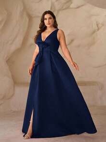 SHEIN Belle Robe de soirée formelle asymétrique à col en V profond, fente haute et nœud, couleur fuchsia, élégante