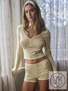 Aralina Sleepwear Women's Pointelle Fabric Detail Placket Front Long Sleeve Top And Short Matching Set, Christmas And Valentine's Cute Pajamas