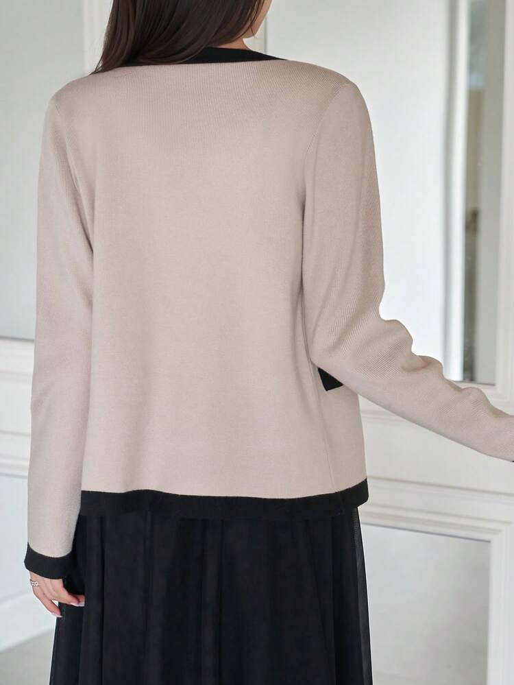 Women's Elegant Contrast Color Patchwork Sleeveless Cardigan Sweater Two Pieces Set, Autumn/Winter