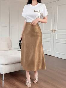DAZY Bộ đồ nữ thanh lịch gồm áo thun và chân váy phối màu tương phản, kiểu dáng patchwork, thích hợp cho mùa hè, tiệc cưới, hoặc mặc nhà. - Vàng - Xem 6