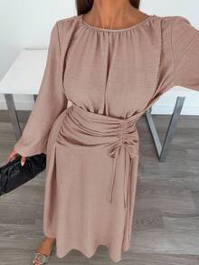 Siren Gaze Women's Solid Color Boat Neck Long Sleeve Ruched Dress - Baby Pink - View 5