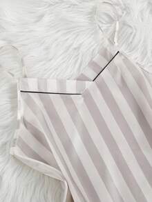 SHEIN Striped Print Faux Silk Camisole Top And Pants Women Pajama Set - Multicolor - View 7