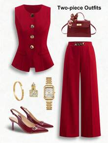Ellevyn 女士金属单排扣马甲和阔腿裤优雅两件套 - 酒紅色 - 查看 1