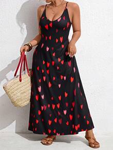 EMERY ROSE Plus Size Women's Valentine Day Heart Strap Maxi Dress, Black And Red Print Loose Strap Long Dress,Casual Summer Travel Date Wear - Multicolor - View 4