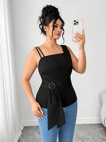Elenzga Plus Size Women Elastic Knit Fashion Elegant Camisole With Top, Metal Buckle, Asymmetric Design, Suitable For Commuting, Shopping, Party, Daily Wear, All Seasons - Black - View 5