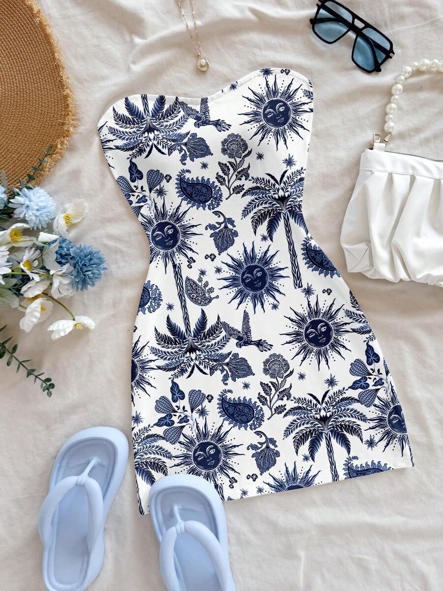 Soleia 蓝色太阳神和棕榈树图案印花迷你连衣裙，休闲度假风，适合春夏、度假、海岛穿着。 - 彩色 - 查看 1