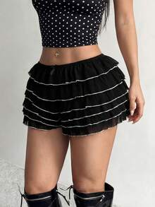 SHEIN SXY Black And Silver White Sheer Layered Ruffle Trim Low Waist Shorts,Summer,Cutesy,Lounge Y2K Streetwear Concert,Black And White Ruffle Shorts - Black and White - View 4