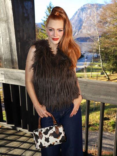 Gretanique 女士优雅时尚简约优雅大气休闲百搭休闲风格秋季复古时尚百搭休闲无袖棕色人造毛皮夹克，纯色钩前人造毛皮马甲夹克，棕色毛皮马甲，复古纯色人造毛皮大衣宽松休闲夹克冬季厚实保暖外套，秋季服装，万圣节服装，秋冬必备品，老钱，万圣节