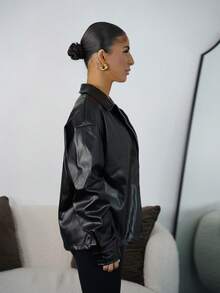 SAYEHFBABY Women's Fashion Street Style Black Zip-Up PU Leather Jacket, Autumn, Grunge,Casual,Black,PU,Baggy - Black - View 6