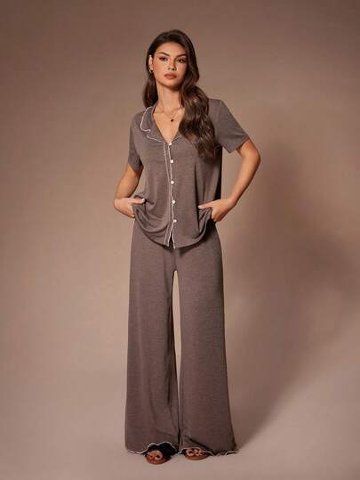 Lazeform Contrast Color Turndown Collar Open Front Wavy Line Short Sleeve Pants Women Pajama Set