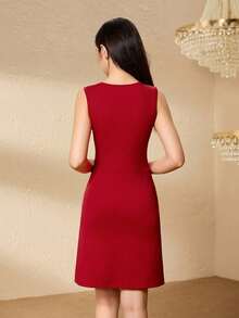 优雅简约时尚圆领无袖收腰短款开衩设计纯色3D立体花卉修身连衣裙，少女红色圣诞派对连衣裙 - 紅色 - 查看 2