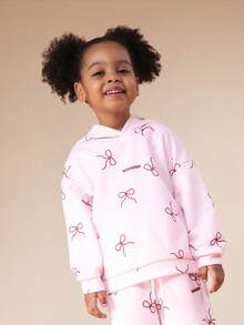 SUMWON 女童蝴蝶结印花连帽衫和运动裤套装，粉色长袖卫衣搭配同色运动裤，幼儿舒适服 - 粉色 - 查看 6