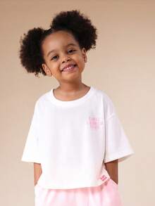 SUMWON مجموعة قميص وشورت للبنات من سومون بطباعة الكرواسون، كم قصير وياقة طاقم، مقاس كبير، ملابس صيفية كاجوال قطعتين للعطلات - وردي - مشاهدة 3