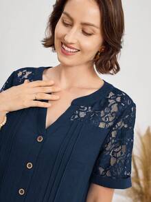 Miaspire Women's Casual V-Neck Lace Patchwork Mid-Length Dress - Navy Blue - View 7