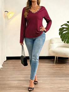 Vionelle Women's Plus Size Deep V Neck Long Sleeve Plain Tee With Leopard Print Bow Detail - Red - View 4