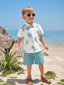 SHEIN Young Boy Summer Casual Vacation & Commute Floral Print Short Sleeve Shirt And Shorts Set - Blue - View 5