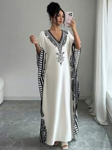 Rafferiza 女士优雅几何印花宽松圆领连衣裙，适合通勤、春夏穿着 - 彩色 - 查看 4