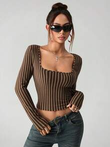 SHEIN ICON Áo thun nữ tay dài cổ vuông dáng ngắn kẻ sọc gợi cảm để đi chơi - màu nâu - Xem 6