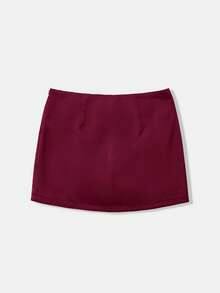 SHEIN EZwear 女士新款酒红色缎面低腰迷你裙 - 酒紅色 - 查看 7