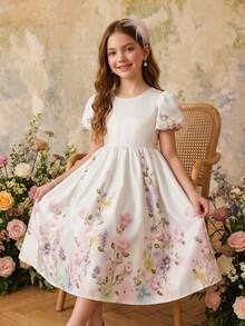 Tween Girls Elegant Floral Print Spring Princess Dress - Multicolor - View 1