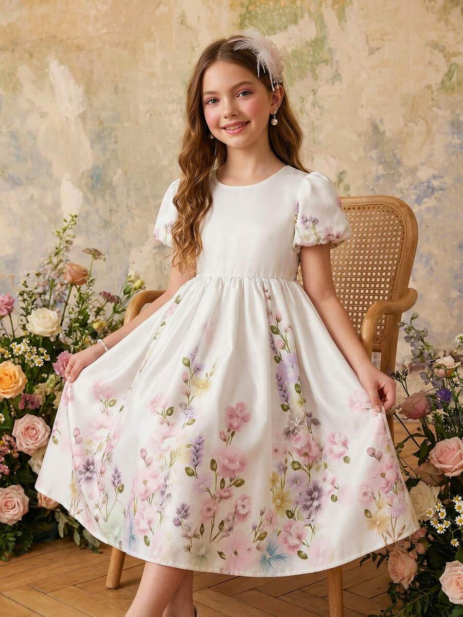 Tween Girls Elegant Floral Print Spring Princess Dress - Multicolor - View 1