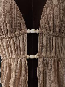 Bellisia 女士花卉蕾丝网纱串珠露背撞色系带吊带背心式泳衣套装，适合春夏度假穿着 - 咖啡棕 - 查看 5