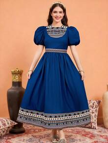 少女休闲度假几何提花拼接泡泡袖褶皱喇叭下摆公主裙，海军蓝 - 寶藍色 - 查看 7