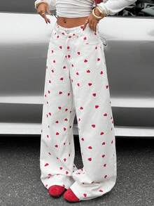 Muchica Women's Flared Jeans With Heart-Patterned Buttons On The Pockets; Casual And Versatile, Suitable For Commuting. Valentine's Day Outfit: Red Heart-Patterned Jeans. - White - View 3