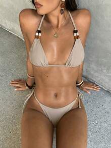 Aloruh Bộ bikini nữ mùa xuân/hè màu kaki trơn mới, đính hạt cườm, kiểu bohemian, cúp ngực tam giác nhỏ, đáy buộc dây, bộ đồ bơi nữ, trang phục đi biển nữ, đồ nghỉ dưỡng nữ. - Màu Khaki - Xem 6