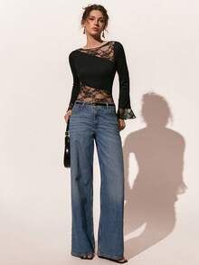 Poéselle Women's Solid Color Lace Patchwork Minimalist Daily Wear Long Sleeve Bodysuit,Black Lace Long Sleeve Bodysuit - Sheer Mesh Party Outfit For New Year's Eve And Valentine's Day,Elegant Bodysuit  Women,Casual Bodysuit  For Women, Mesh Bodysuit, Bodysuits For Women Long Sleeve, Lace Bodysuit, Black Lace Bodysuit, Lace Body Suit,French Style Body Suit - Black - View 4