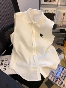 SHEIN Teen Girls' White Woven Sleeveless Embroidered Loose Casual Blouse Sleeveless Shirts For Girls Sleeveless Button Up Shirt Girls Crop Top Teenager Girl Short Shirt For Summer Preppy Tops - White - View 1