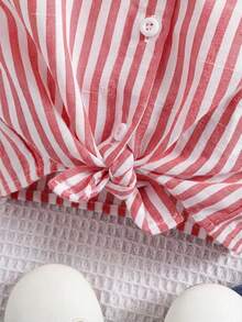SHEIN Young Girl Woven Striped Cropped Casual Shirt - Red and White - View 4