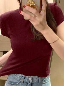 DAZY Camiseta de manga corta ajustada de cuello alto para mujer, capa base de verano - Burdeos - Ver 3