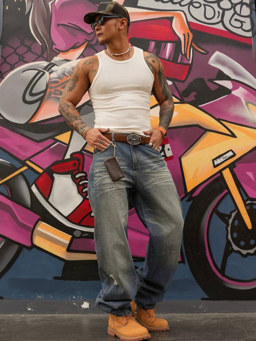 DAZY 男士做旧水洗口袋阔腿宽松牛仔裤，春秋季 - 藍色 - 查看 1