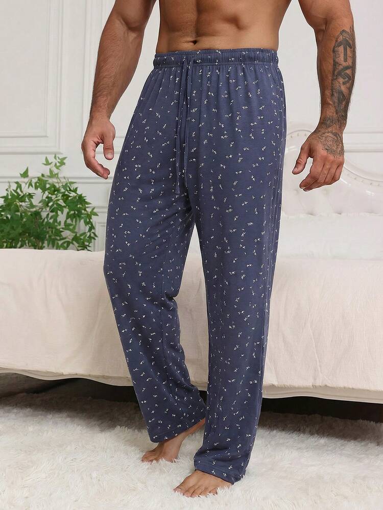 Men's Blue Floral Loose Waist Long Pants, Spring/Summer Loungewear