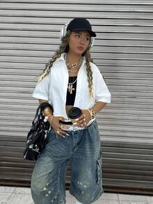 Rovax Women's Letter Print White Casual Versatile Short Sleeve Shirt