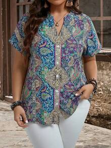EMERY ROSE Plus Size Women's Blue Bohemian Style Printed Button Embellished Short Sleeve Shirt For Summer,Boho,Vacation,Spring Summer Tops Button Down Blouse - Multicolor - View 1